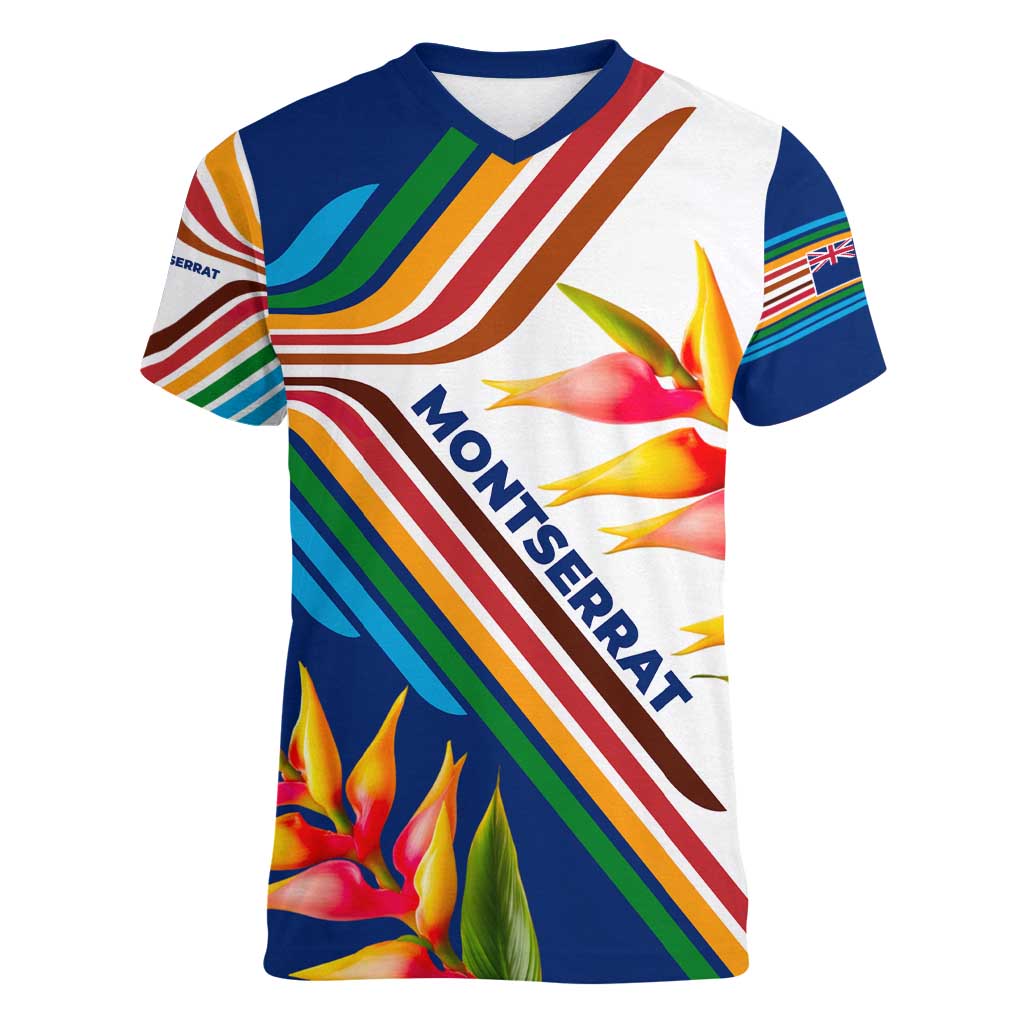 Montserrat Women V-Neck T-Shirt with Heliconia Flower Illustration Colorful Retro Stripe Design - Wonder Print Shop