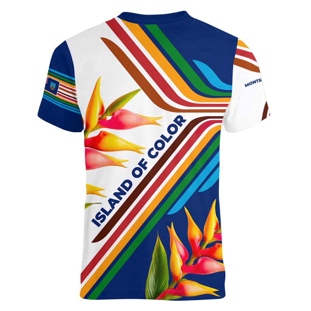 Montserrat Women V-Neck T-Shirt with Heliconia Flower Illustration Colorful Retro Stripe Design - Wonder Print Shop