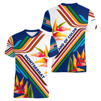 Montserrat Women V-Neck T-Shirt with Heliconia Flower Illustration Colorful Retro Stripe Design - Wonder Print Shop