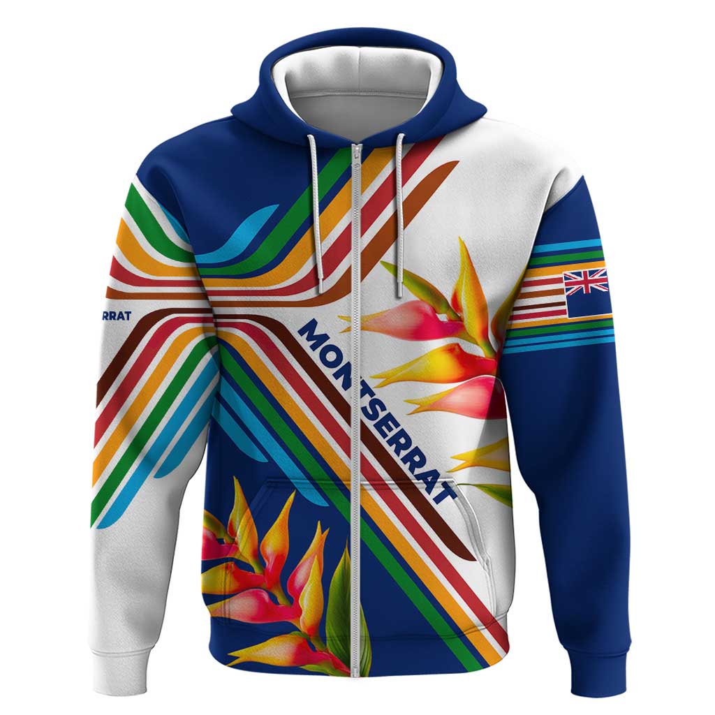 Montserrat Zip Hoodie with Heliconia Flower Illustration Colorful Retro Stripe Design - Wonder Print Shop