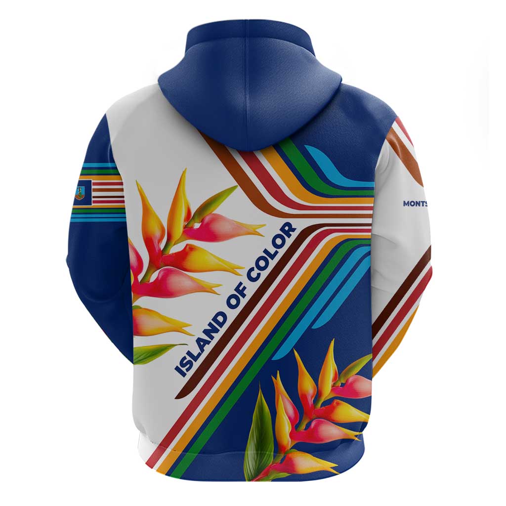Montserrat Zip Hoodie with Heliconia Flower Illustration Colorful Retro Stripe Design - Wonder Print Shop