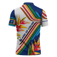 Montserrat Zipper Polo Shirt with Heliconia Flower Illustration Colorful Retro Stripe Design - Wonder Print Shop