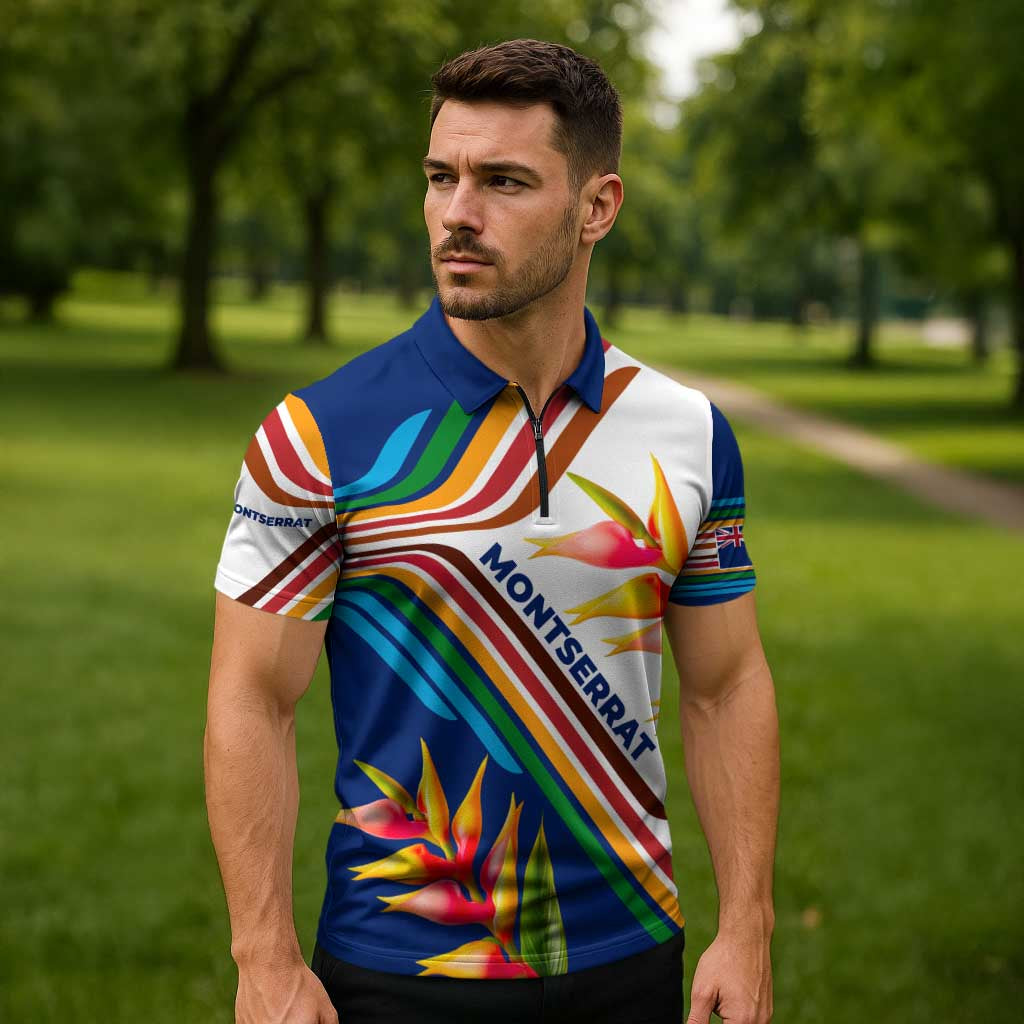 Montserrat Zipper Polo Shirt with Heliconia Flower Illustration Colorful Retro Stripe Design - Wonder Print Shop