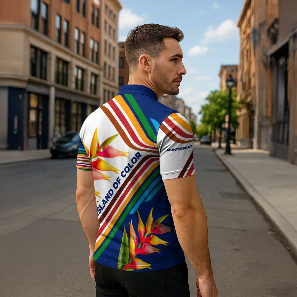 Montserrat Zipper Polo Shirt with Heliconia Flower Illustration Colorful Retro Stripe Design - Wonder Print Shop