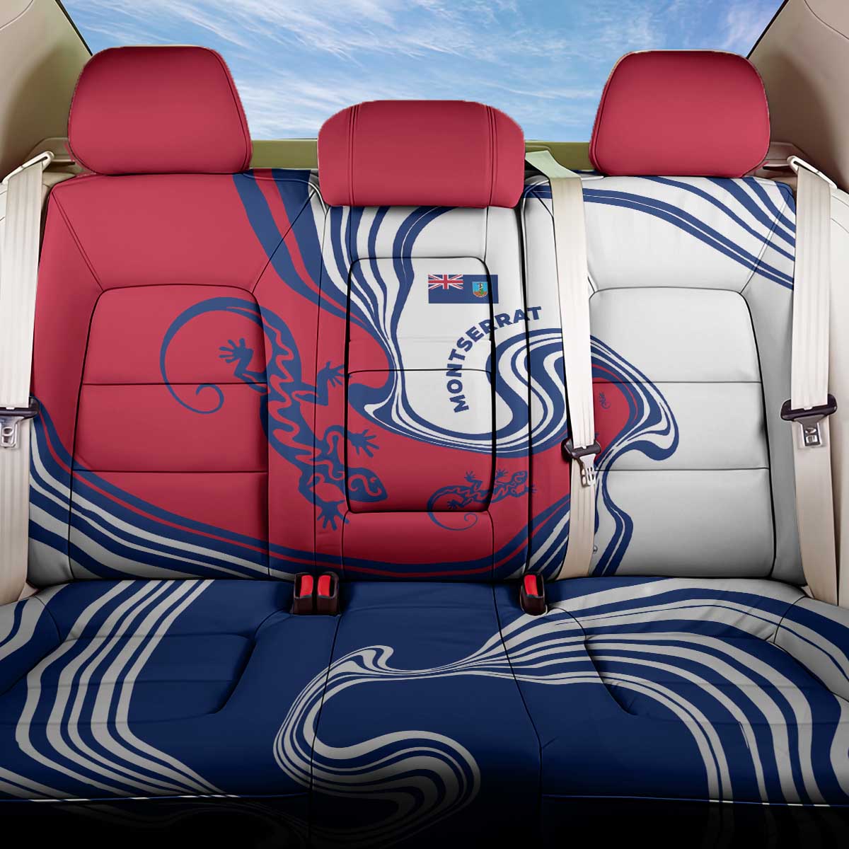 Montserrat Back Car Seat Cover with Gecko Illustration Red Blue Wavy Line Design - Wonder Print Shop