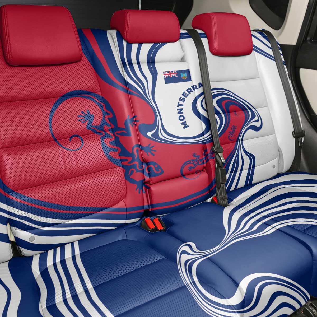 Montserrat Back Car Seat Cover with Gecko Illustration Red Blue Wavy Line Design - Wonder Print Shop