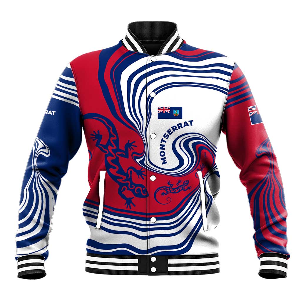 Montserrat Baseball Jacket with Gecko Illustration Red Blue Wavy Line Design - Wonder Print Shop