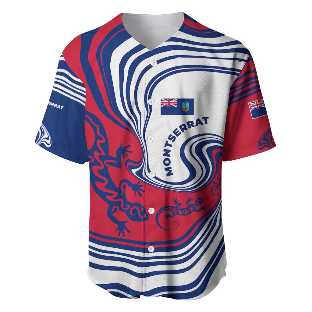 Montserrat Baseball Jersey with Gecko Illustration Red Blue Wavy Line Design - Wonder Print Shop