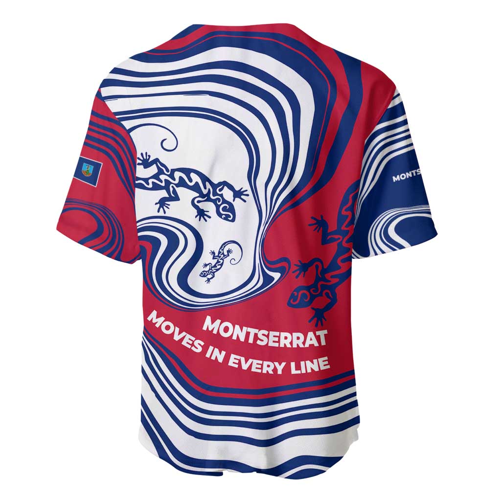 Montserrat Baseball Jersey with Gecko Illustration Red Blue Wavy Line Design - Wonder Print Shop