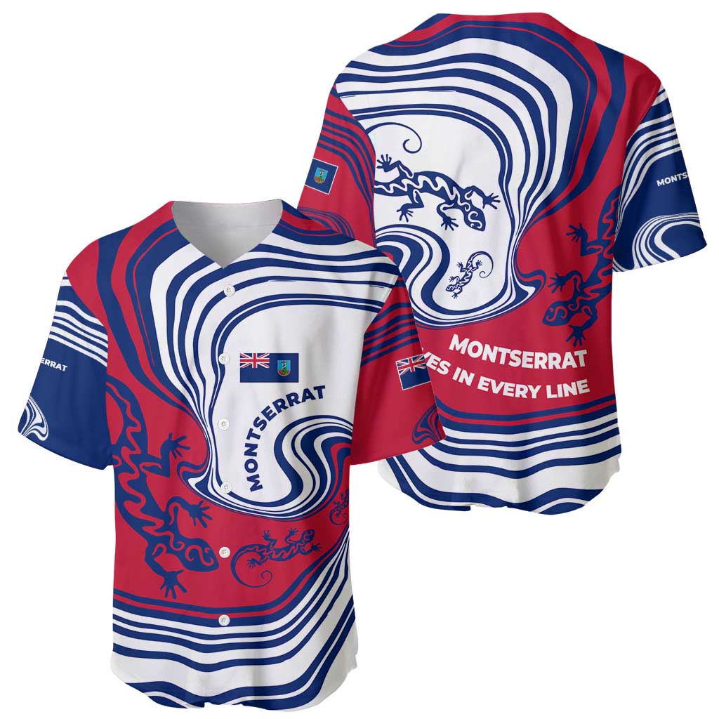 Montserrat Baseball Jersey with Gecko Illustration Red Blue Wavy Line Design - Wonder Print Shop