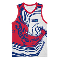 Montserrat Basketball Jersey with Gecko Illustration Red Blue Wavy Line Design - Wonder Print Shop