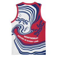 Montserrat Basketball Jersey with Gecko Illustration Red Blue Wavy Line Design - Wonder Print Shop
