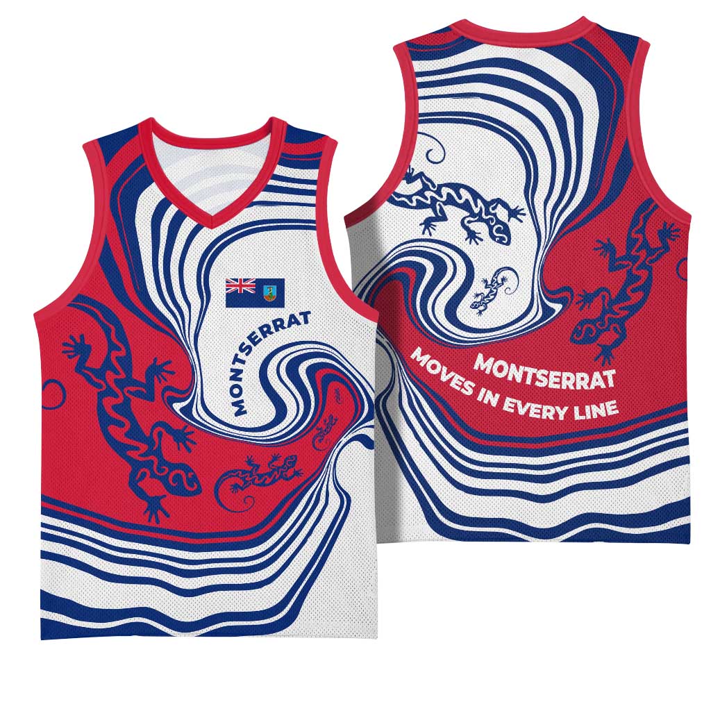 Montserrat Basketball Jersey with Gecko Illustration Red Blue Wavy Line Design - Wonder Print Shop