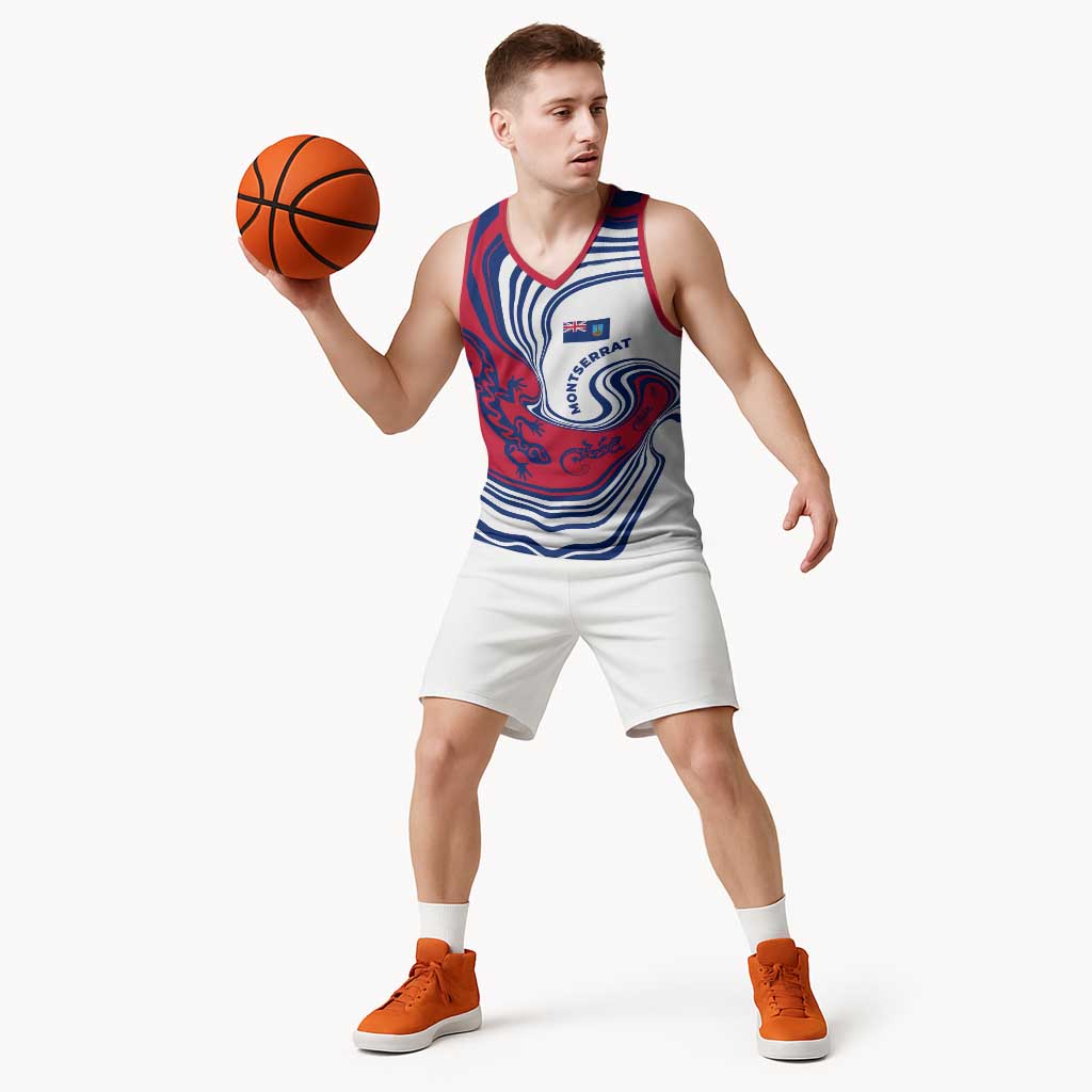 Montserrat Basketball Jersey with Gecko Illustration Red Blue Wavy Line Design - Wonder Print Shop