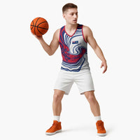 Montserrat Basketball Jersey with Gecko Illustration Red Blue Wavy Line Design - Wonder Print Shop