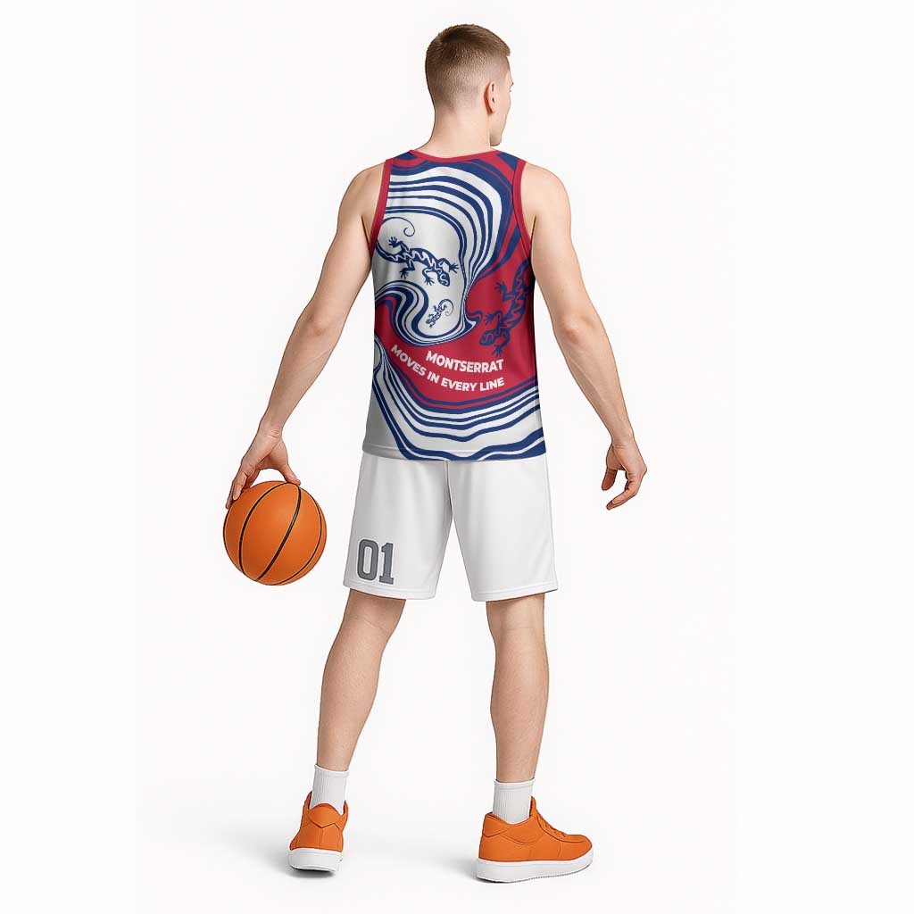 Montserrat Basketball Jersey with Gecko Illustration Red Blue Wavy Line Design - Wonder Print Shop