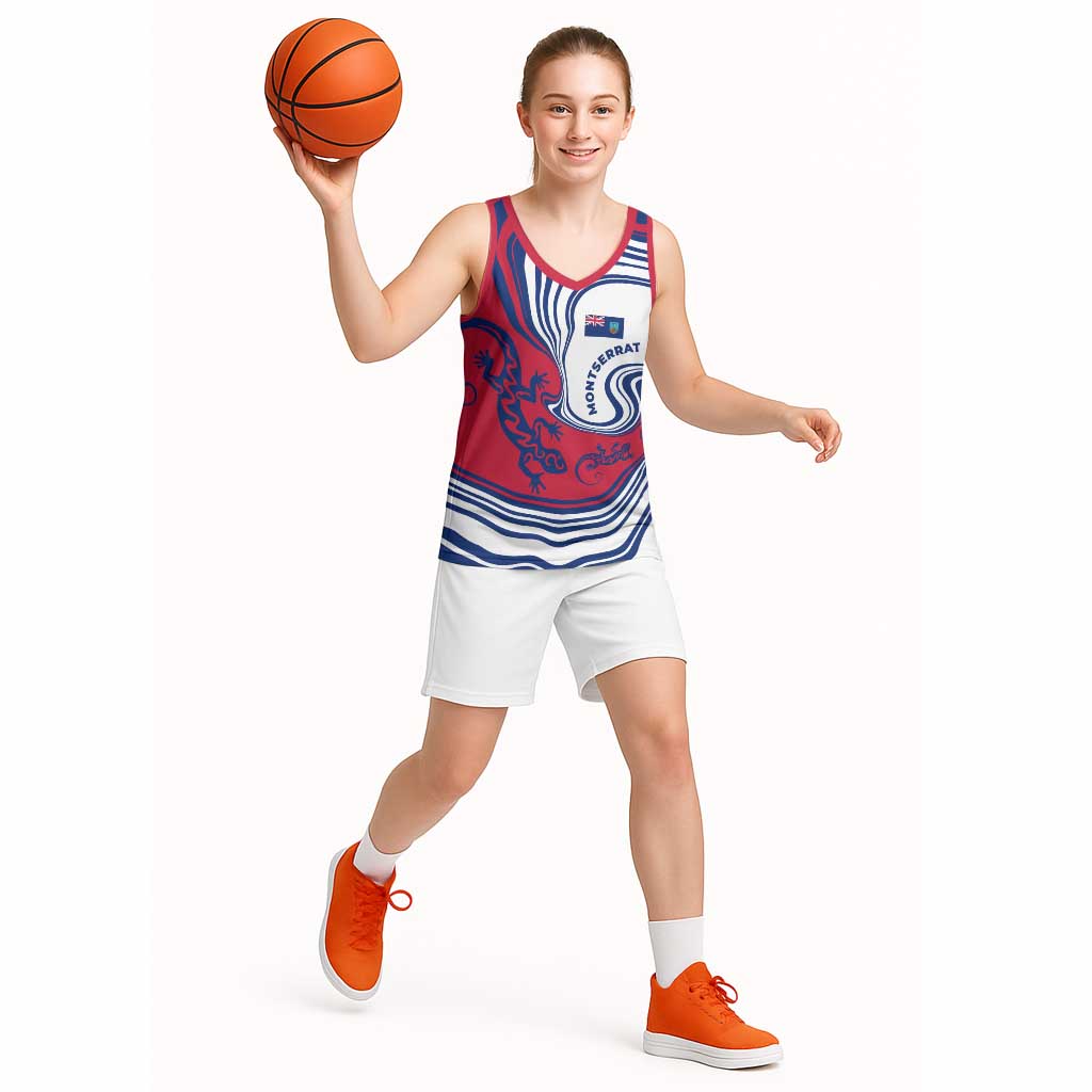 Montserrat Basketball Jersey with Gecko Illustration Red Blue Wavy Line Design - Wonder Print Shop