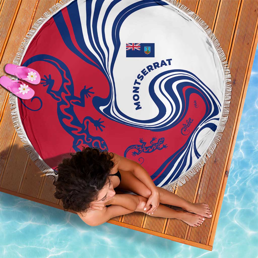 Montserrat Beach Blanket with Gecko Illustration Red Blue Wavy Line Design - Wonder Print Shop