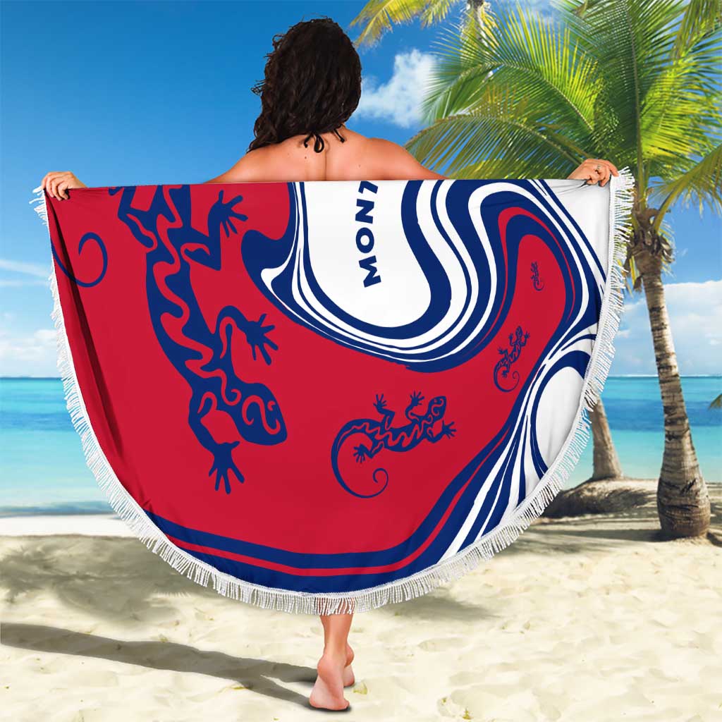 Montserrat Beach Blanket with Gecko Illustration Red Blue Wavy Line Design - Wonder Print Shop