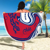 Montserrat Beach Blanket with Gecko Illustration Red Blue Wavy Line Design - Wonder Print Shop