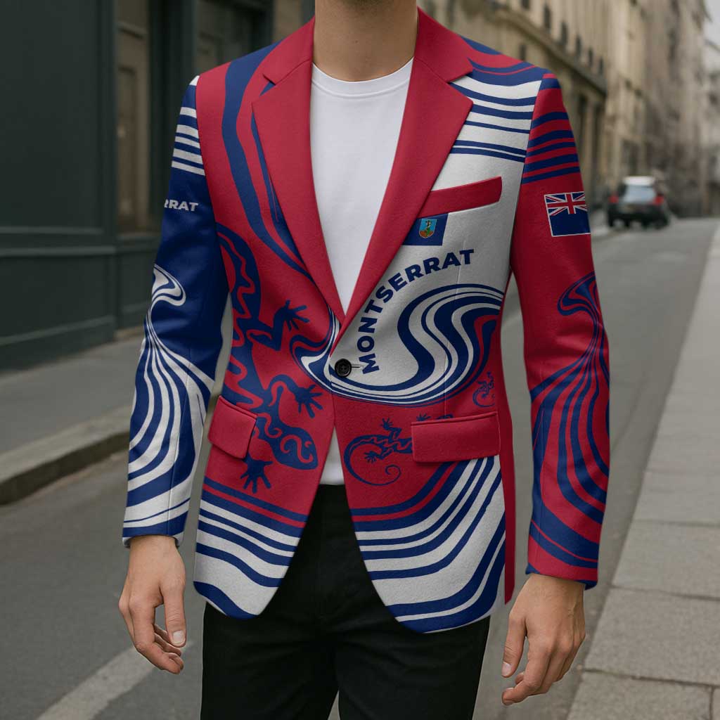 Montserrat Blazer with Gecko Illustration Red Blue Wavy Line Design - Wonder Print Shop