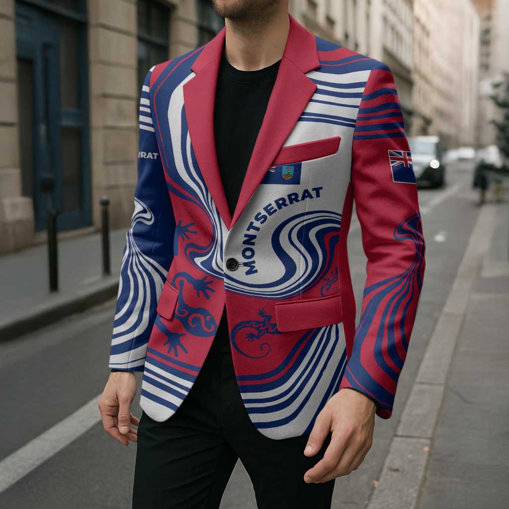 Montserrat Blazer with Gecko Illustration Red Blue Wavy Line Design - Wonder Print Shop