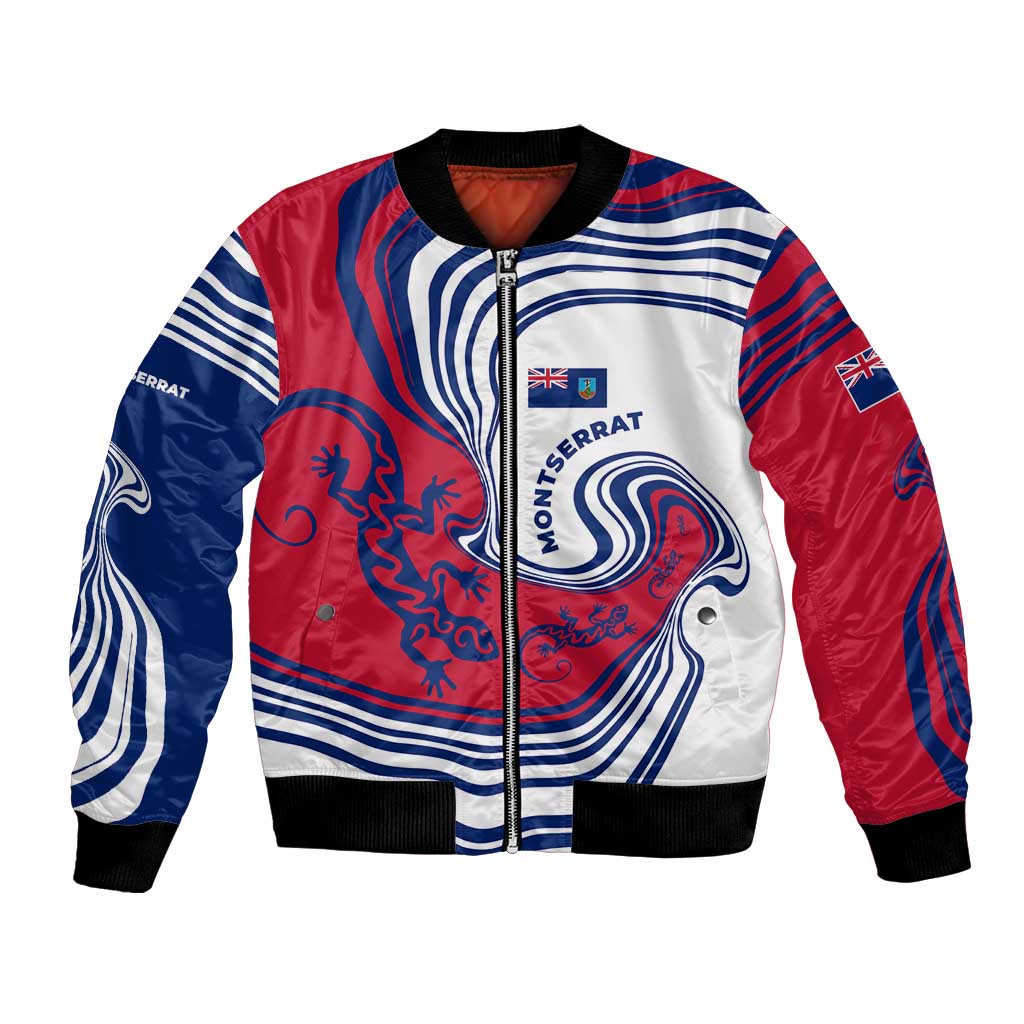 Montserrat Bomber Jacket with Gecko Illustration Red Blue Wavy Line Design - Wonder Print Shop