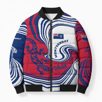 Montserrat Bomber Puffer Jacket with Gecko Illustration Red Blue Wavy Line Design - Wonder Print Shop