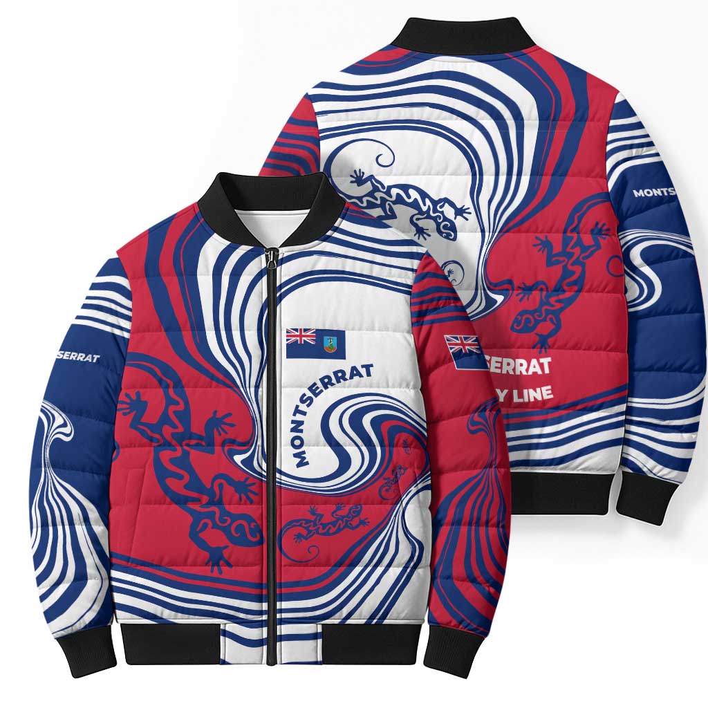 Montserrat Bomber Puffer Jacket with Gecko Illustration Red Blue Wavy Line Design - Wonder Print Shop