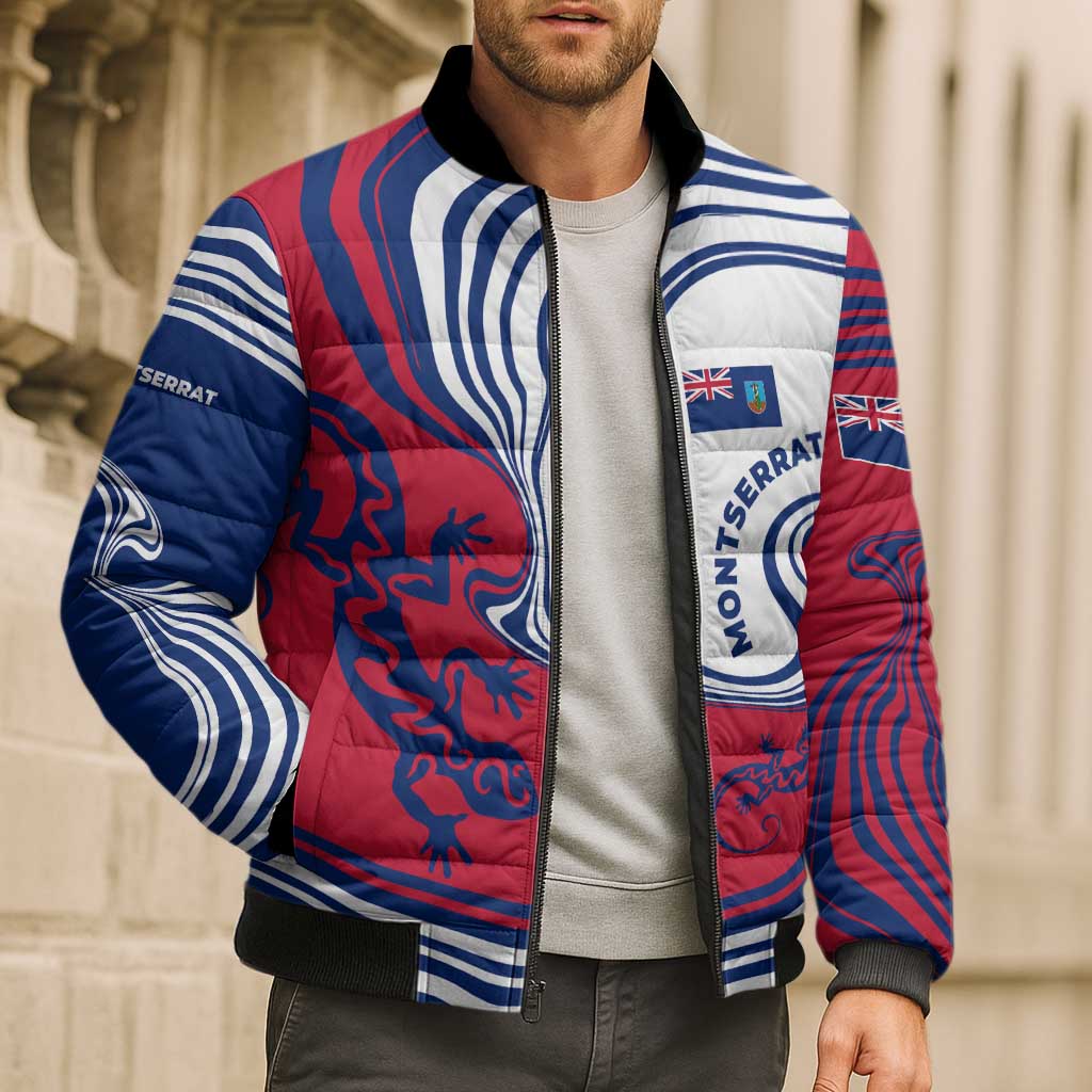 Montserrat Bomber Puffer Jacket with Gecko Illustration Red Blue Wavy Line Design - Wonder Print Shop