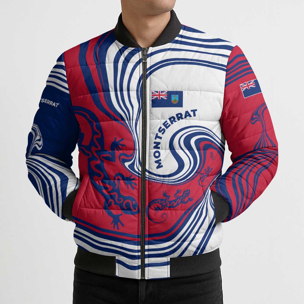 Montserrat Bomber Puffer Jacket with Gecko Illustration Red Blue Wavy Line Design - Wonder Print Shop