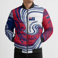 Montserrat Bomber Puffer Jacket with Gecko Illustration Red Blue Wavy Line Design - Wonder Print Shop