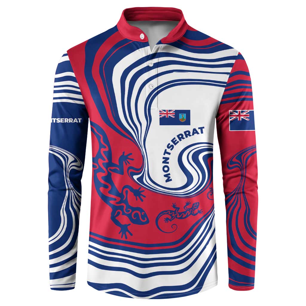 Montserrat Button Sweatshirt with Gecko Illustration Red Blue Wavy Line Design - Wonder Print Shop