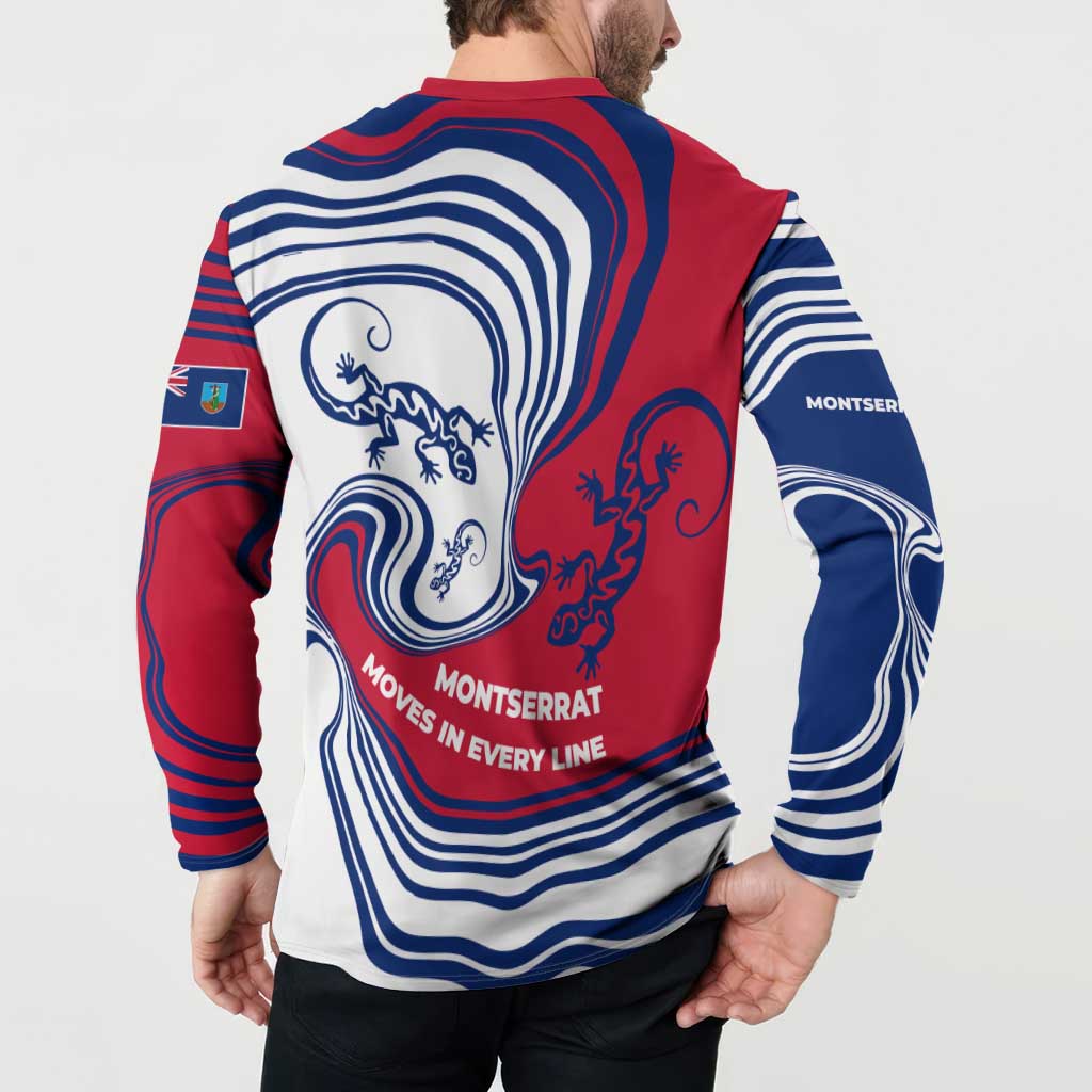 Montserrat Button Sweatshirt with Gecko Illustration Red Blue Wavy Line Design - Wonder Print Shop