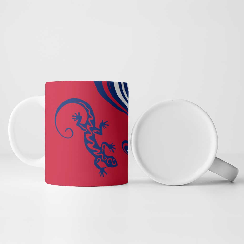 Montserrat Ceramic Mug with Gecko Illustration Red Blue Wavy Line Design - Wonder Print Shop