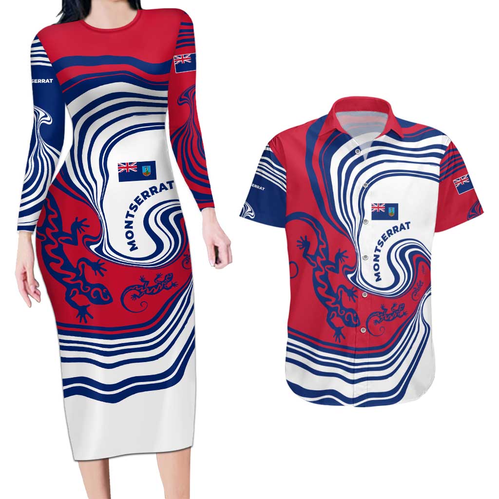 Montserrat Couples Matching Long Sleeve Bodycon Dress and Hawaiian Shirt with Gecko Illustration Red Blue Wavy Line Design - Wonder Print Shop