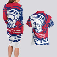 Montserrat Couples Matching Long Sleeve Bodycon Dress and Hawaiian Shirt with Gecko Illustration Red Blue Wavy Line Design - Wonder Print Shop