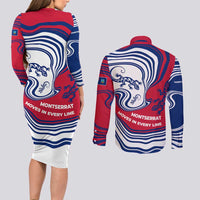 Montserrat Couples Matching Long Sleeve Bodycon Dress and Long Sleeve Button Shirt with Gecko Illustration Red Blue Wavy Line Design - Wonder Print Shop