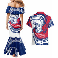 Montserrat Couples Matching Mermaid Dress and Hawaiian Shirt with Gecko Illustration Red Blue Wavy Line Design - Wonder Print Shop