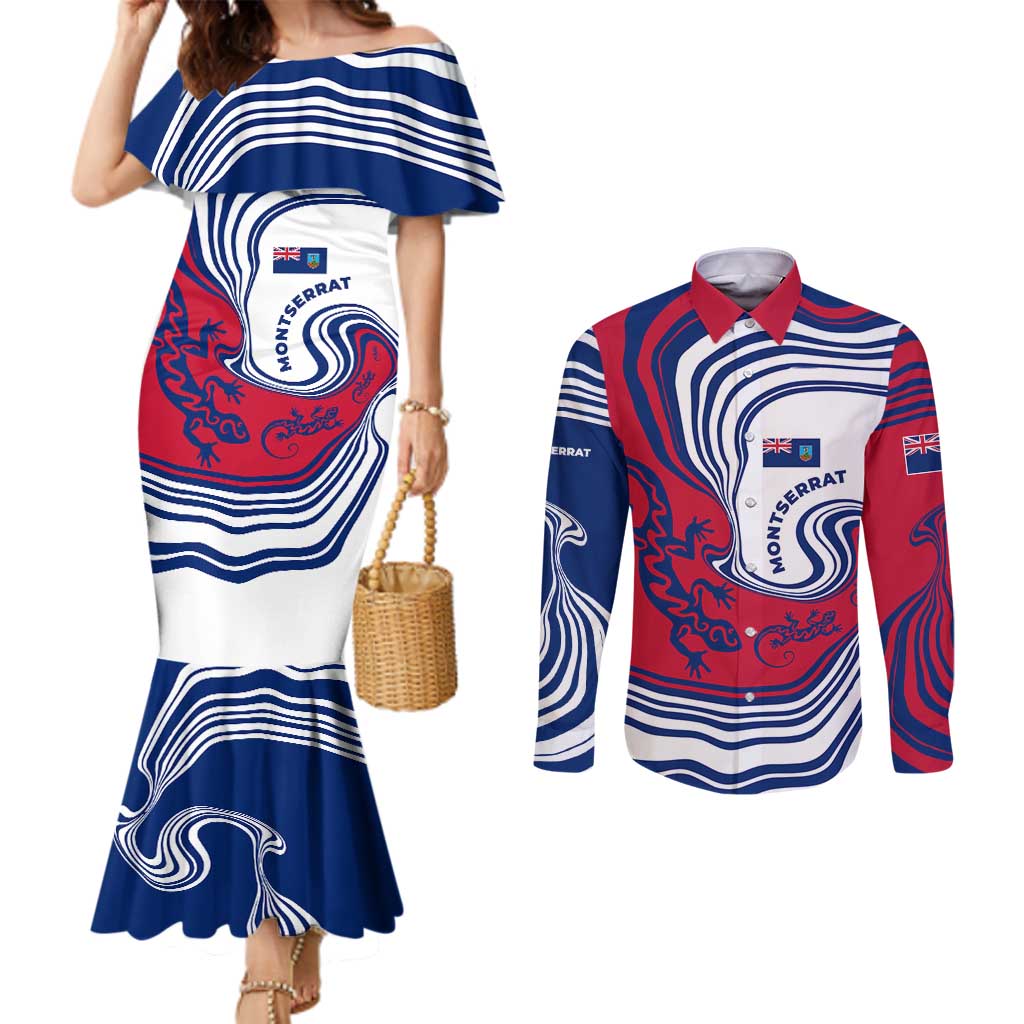 Montserrat Couples Matching Mermaid Dress and Long Sleeve Button Shirt with Gecko Illustration Red Blue Wavy Line Design - Wonder Print Shop
