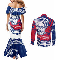Montserrat Couples Matching Mermaid Dress and Long Sleeve Button Shirt with Gecko Illustration Red Blue Wavy Line Design - Wonder Print Shop