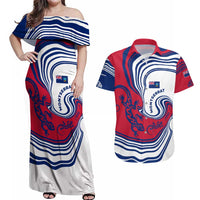 Montserrat Couples Matching Off Shoulder Maxi Dress and Hawaiian Shirt with Gecko Illustration Red Blue Wavy Line Design - Wonder Print Shop