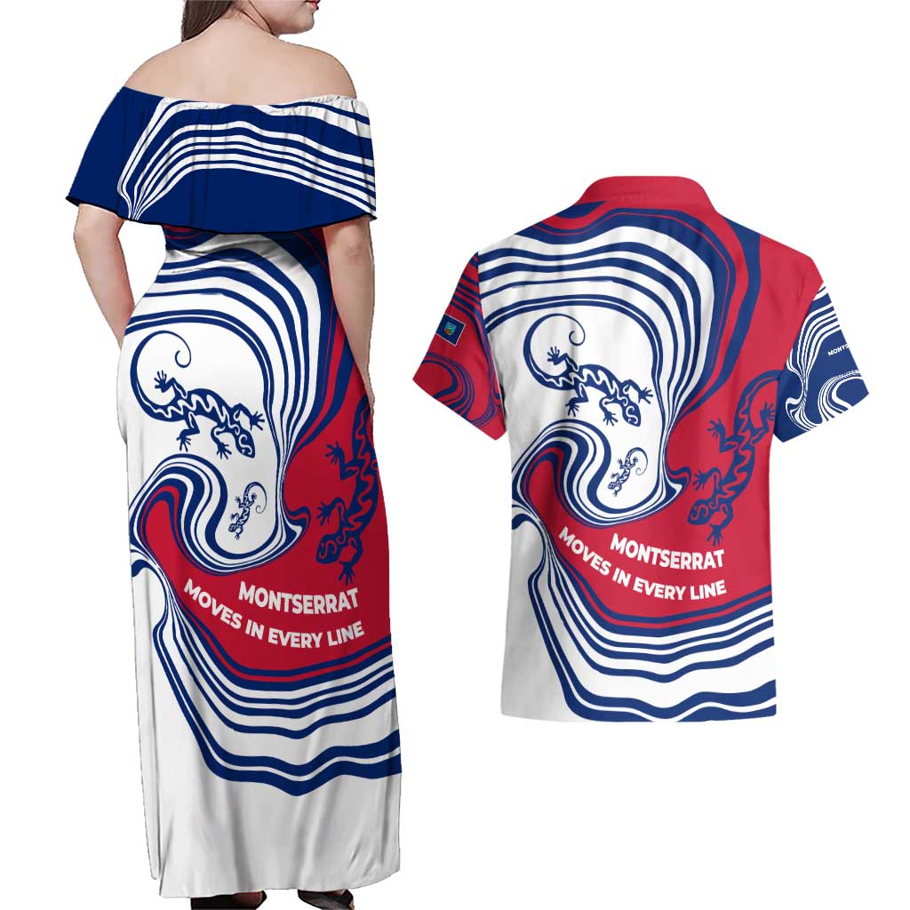 Montserrat Couples Matching Off Shoulder Maxi Dress and Hawaiian Shirt with Gecko Illustration Red Blue Wavy Line Design - Wonder Print Shop
