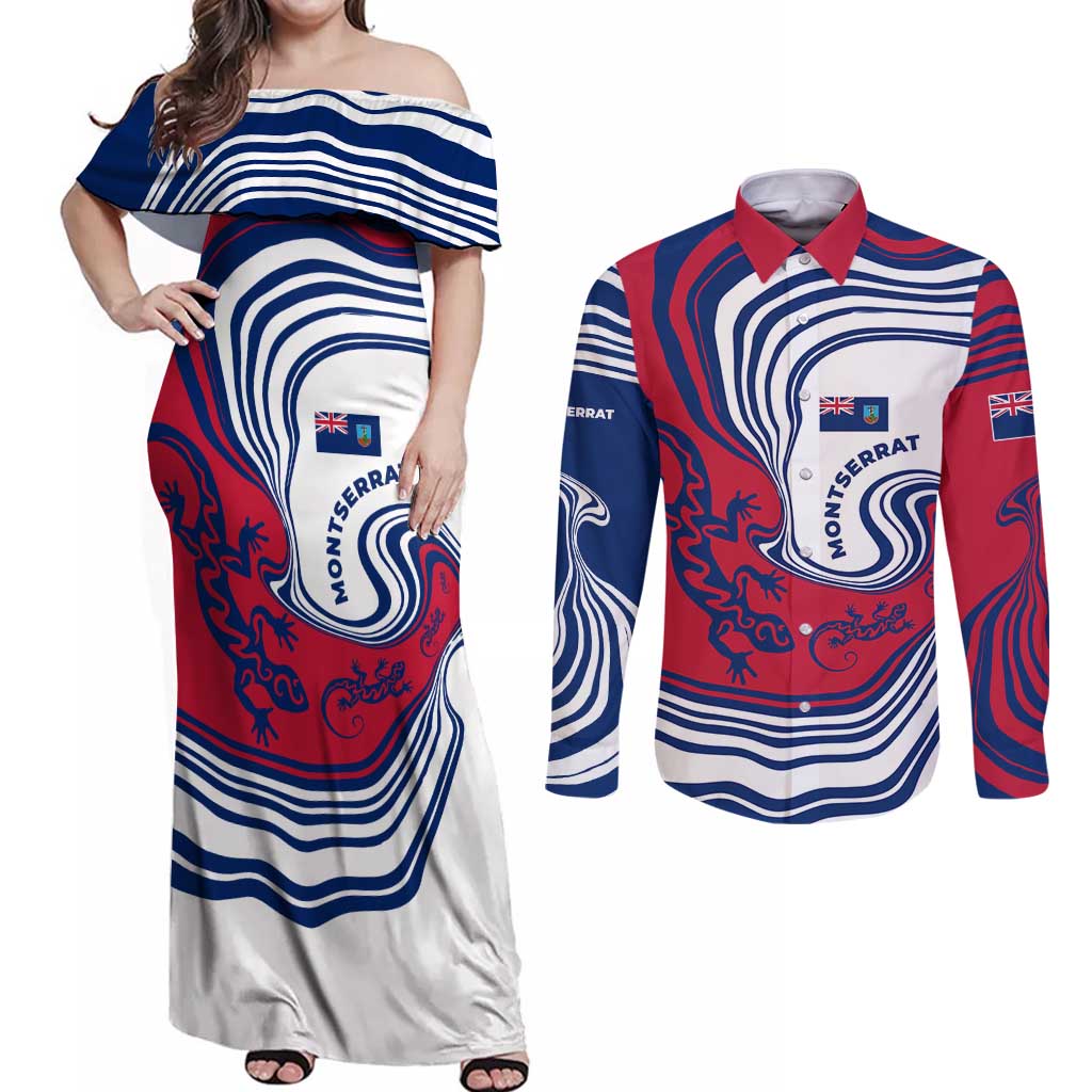Montserrat Couples Matching Off Shoulder Maxi Dress and Long Sleeve Button Shirt with Gecko Illustration Red Blue Wavy Line Design - Wonder Print Shop