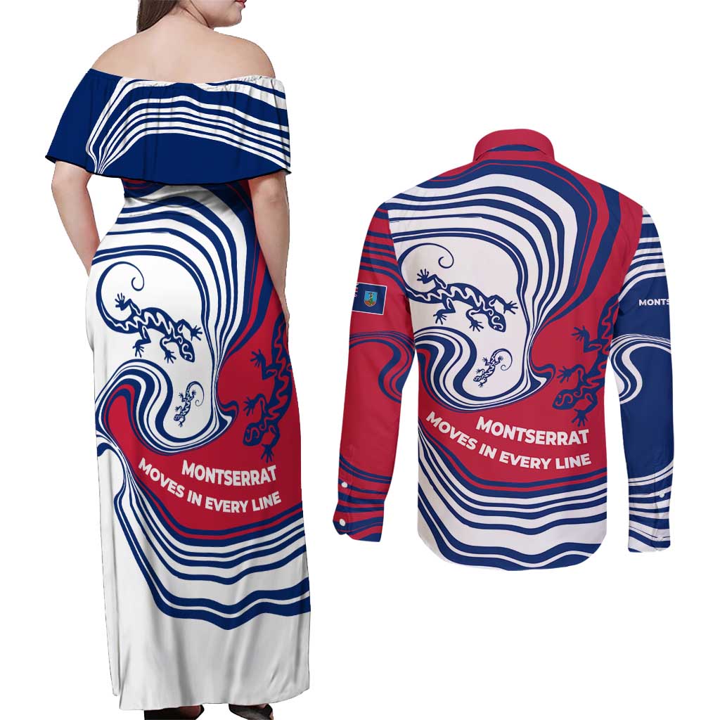 Montserrat Couples Matching Off Shoulder Maxi Dress and Long Sleeve Button Shirt with Gecko Illustration Red Blue Wavy Line Design - Wonder Print Shop