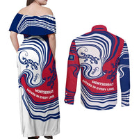 Montserrat Couples Matching Off Shoulder Maxi Dress and Long Sleeve Button Shirt with Gecko Illustration Red Blue Wavy Line Design - Wonder Print Shop