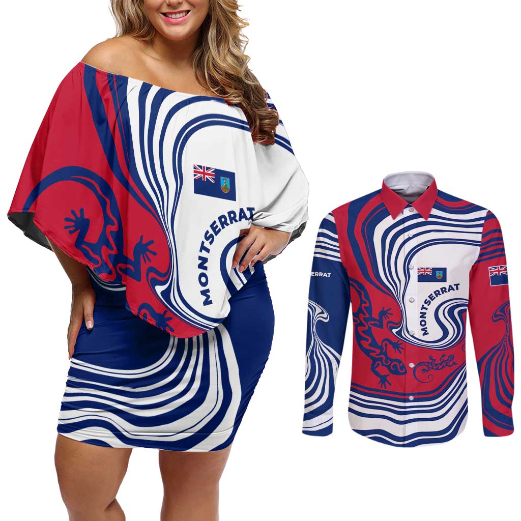 Montserrat Couples Matching Off Shoulder Short Dress and Long Sleeve Button Shirt with Gecko Illustration Red Blue Wavy Line Design - Wonder Print Shop
