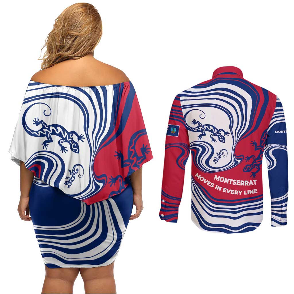 Montserrat Couples Matching Off Shoulder Short Dress and Long Sleeve Button Shirt with Gecko Illustration Red Blue Wavy Line Design - Wonder Print Shop