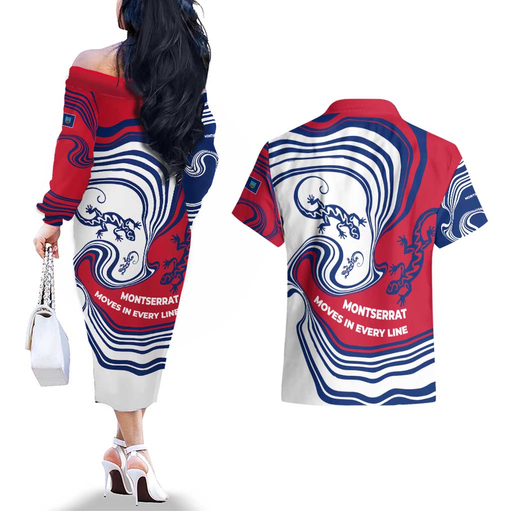 Montserrat Couples Matching Off The Shoulder Long Sleeve Dress and Hawaiian Shirt with Gecko Illustration Red Blue Wavy Line Design - Wonder Print Shop