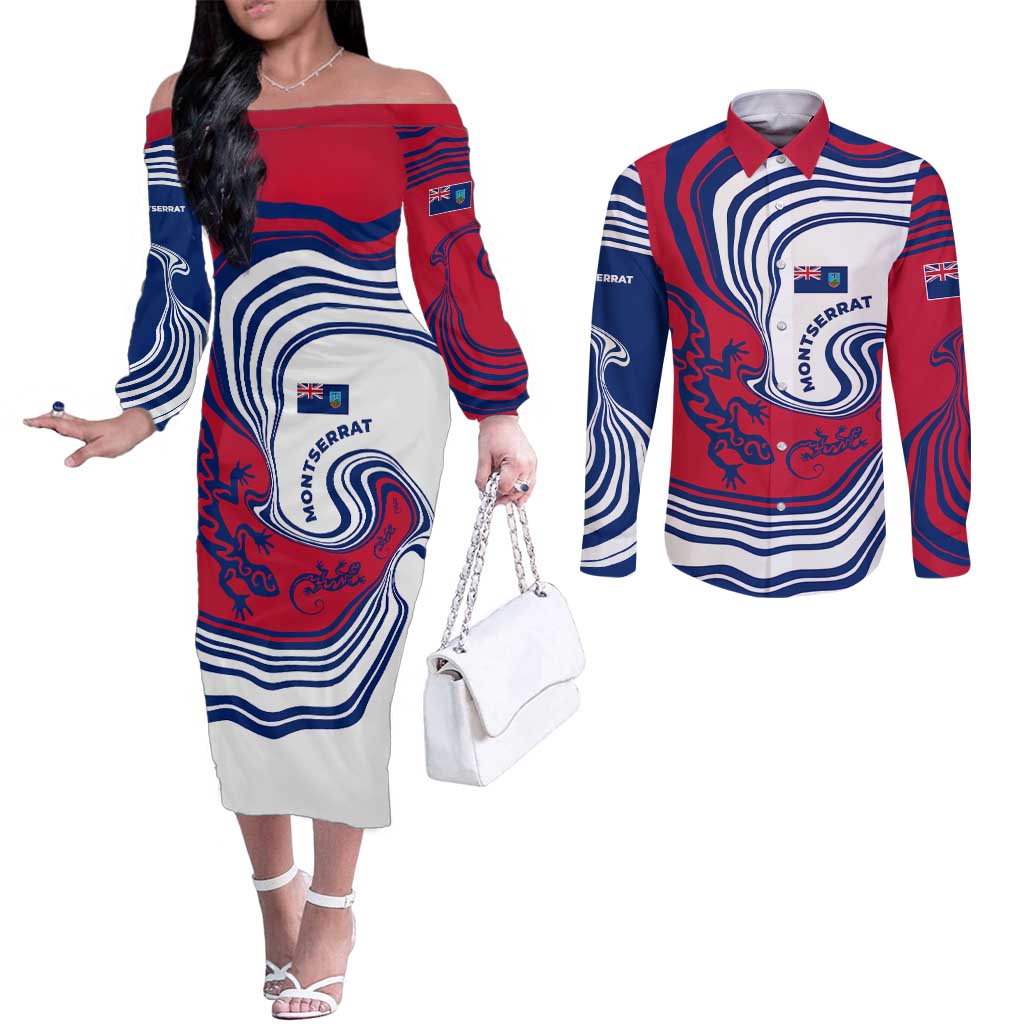 Montserrat Couples Matching Off The Shoulder Long Sleeve Dress and Long Sleeve Button Shirt with Gecko Illustration Red Blue Wavy Line Design - Wonder Print Shop